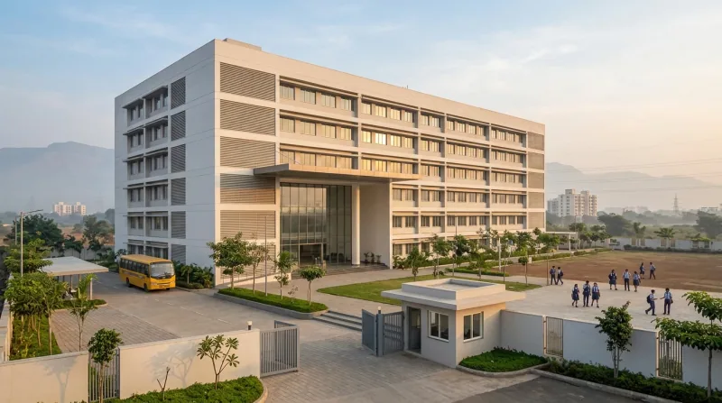 Illustrative render of a seven-storey school building at dawn, with a double-height glazed entrance, louvred facade, a school bus at the bus bay, a gated entrance with a security cabin and students crossing the playground, hills behind