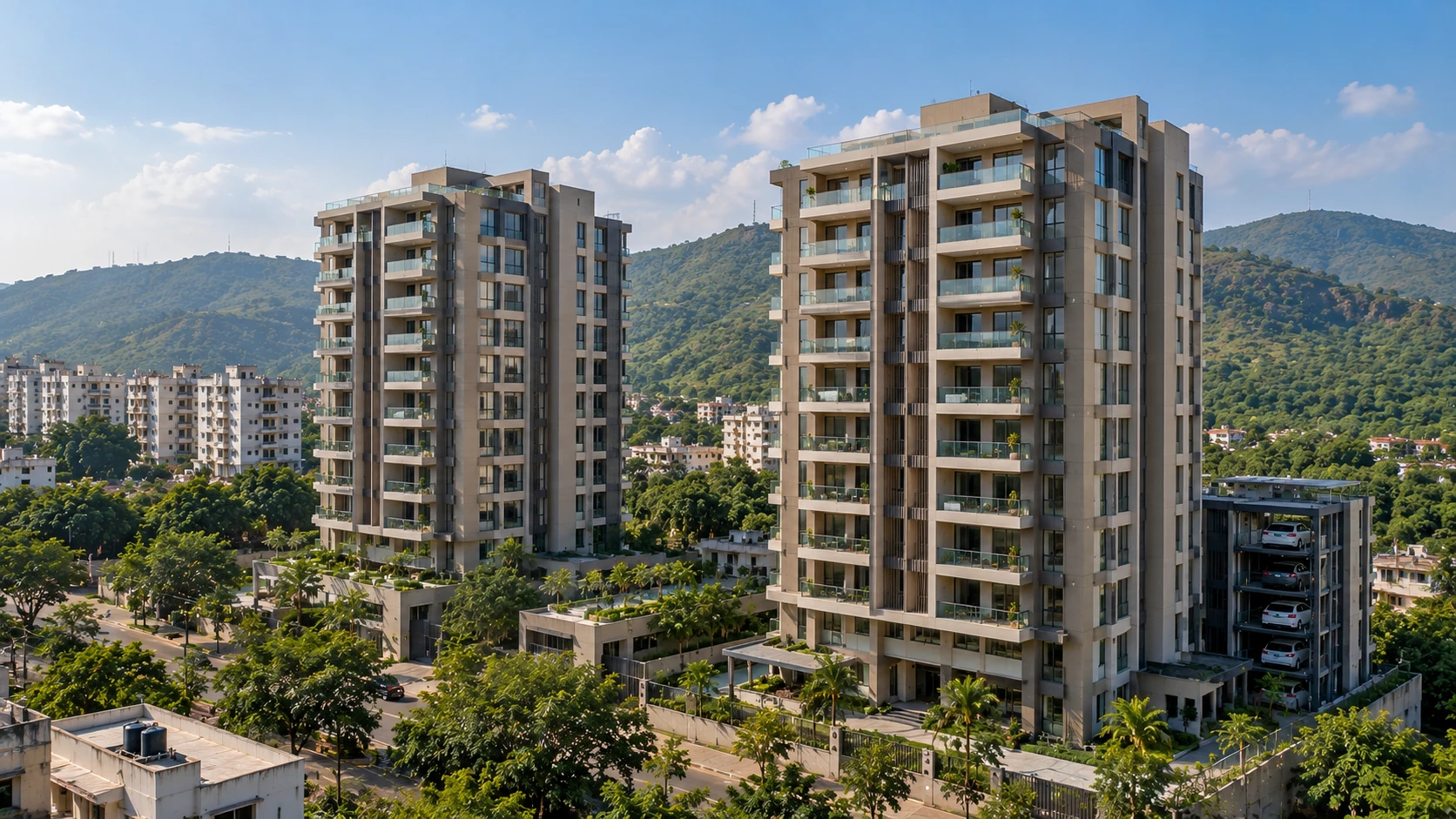 Illustrative daytime render of two residential towers with glass balconies, a podium garden between them and a stack-parking structure at the side, with green hills behind