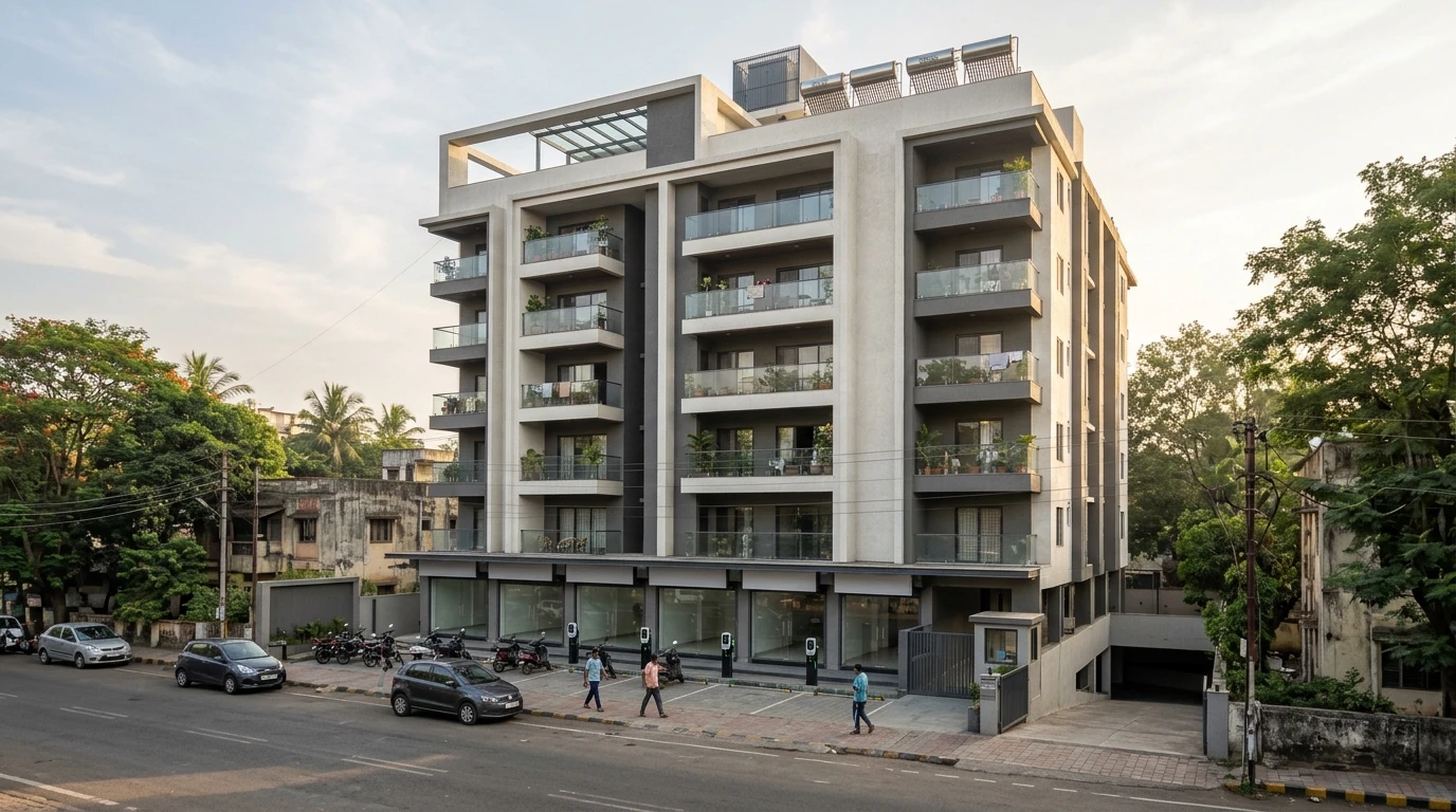 Illustrative image of a new apartment building with ground-floor shops, glass balconies, electric-vehicle chargers and a basement ramp on a road in Nigadi