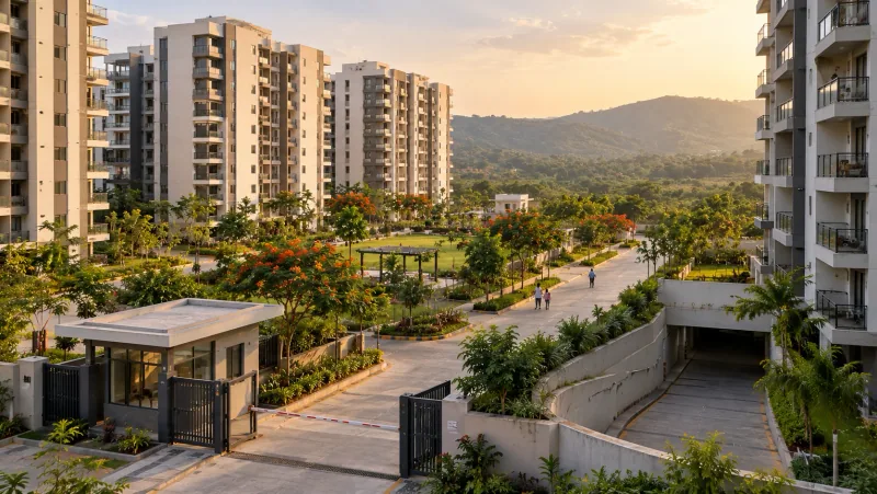 Illustrative render of a residential township in warm evening light, with apartment towers around a landscaped garden, a gated entrance with a security cabin, a ramp down to underground parking and green hills behind