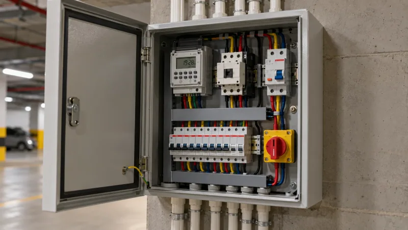 Illustrative render of a wall-mounted lighting control board with a digital timer, a contactor, circuit breakers and a red manual override switch, with white conduits above and below