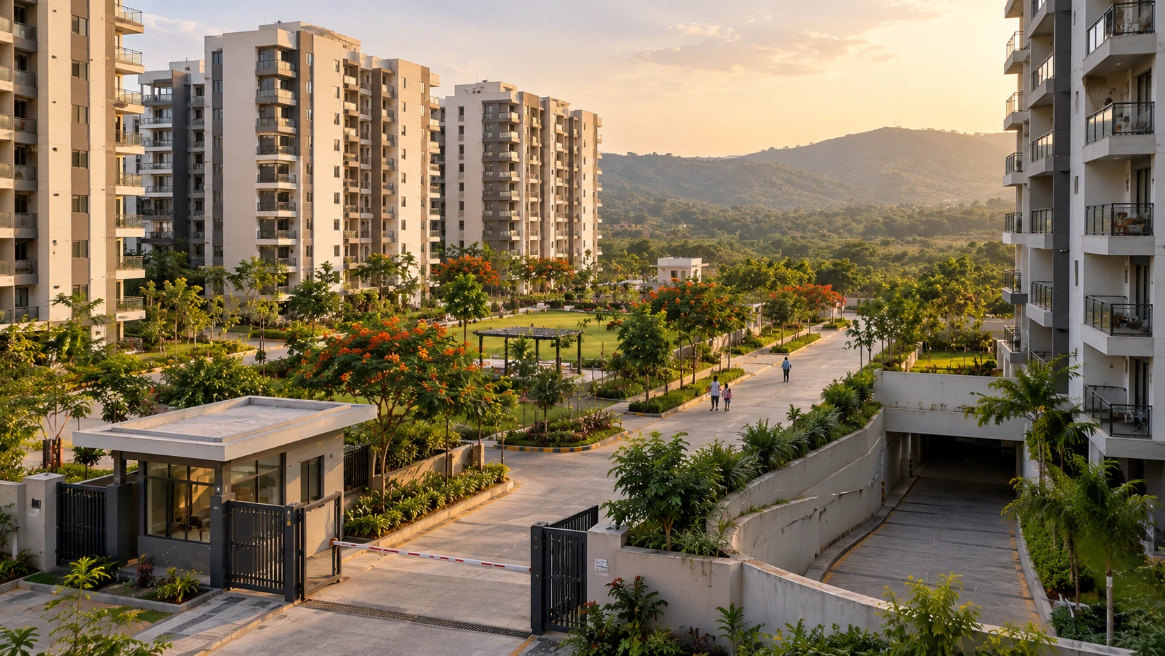 Illustrative render of a residential township in warm evening light, with apartment towers around a landscaped garden, a gated entrance with a security cabin, a ramp down to underground parking and green hills behind