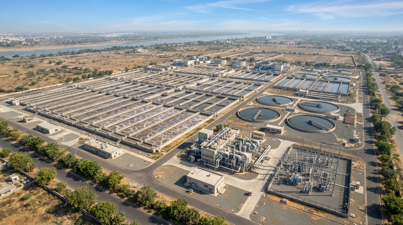 Illustrative aerial render of a large sewage treatment plant with rows of aeration tanks, circular clarifiers, a blower building and an electrical substation beside a river