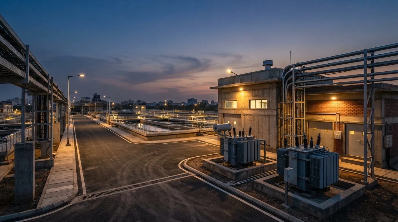 Illustrative dusk render of a sewage treatment plant road with two outdoor transformers beside a panel room, cable racks on steel supports and process tanks under street lights