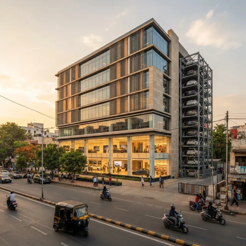 Illustrative render at golden hour of a glass-and-stone commercial building with double-height lit showrooms on the ground floor, office floors with timber fins above, a steel stack-parking tower beside it and a busy road with scooters and an auto-rickshaw