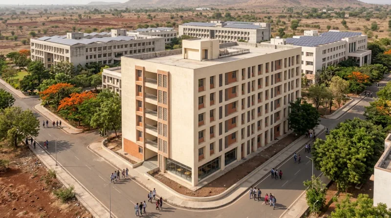 Illustrative aerial render of a new cream and terracotta hostel block with a glazed ground-floor dining hall at a road junction on a college campus, with older academic buildings carrying rooftop solar panels behind and students walking along the roads