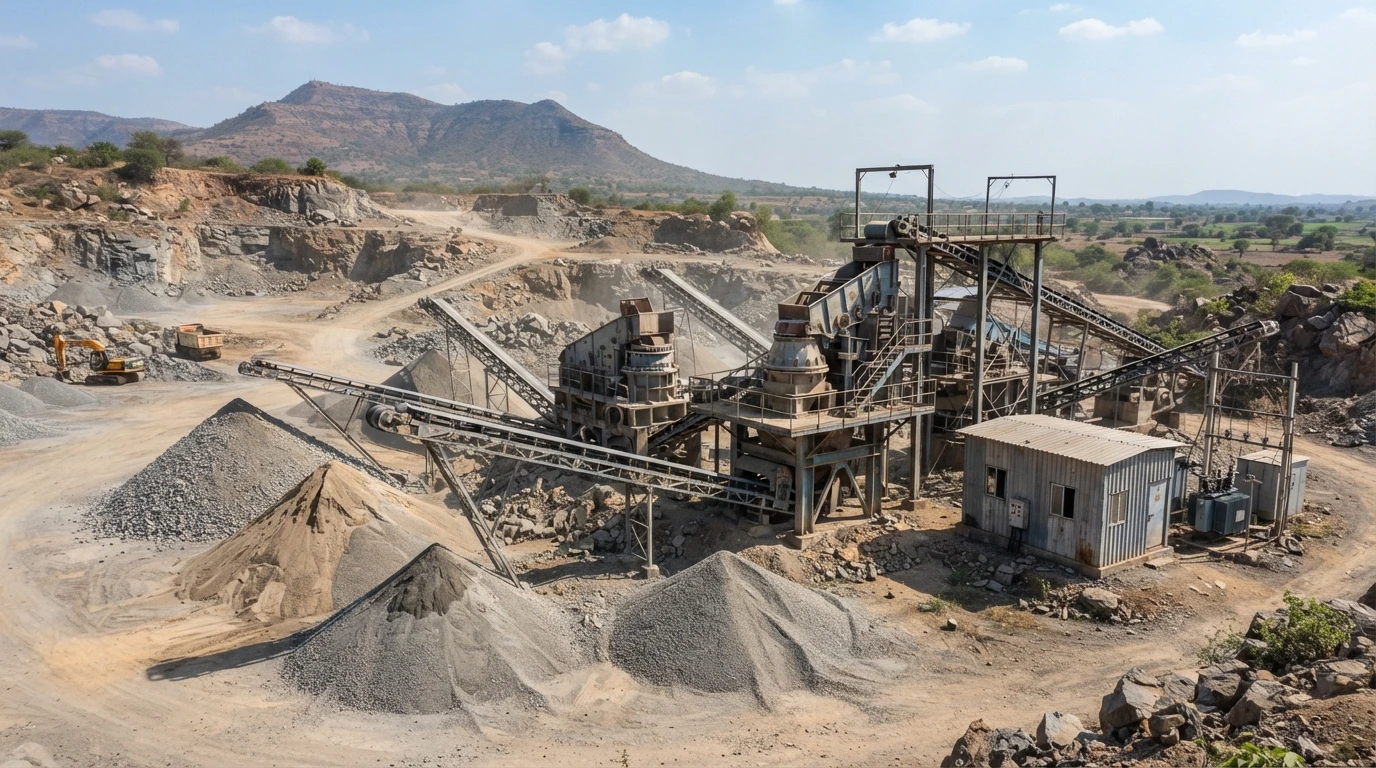 Illustrative render of a stone crushing plant in a quarry with crushers on steel structures, conveyor belts, stockpiles of aggregate and a small control shed with a transformer