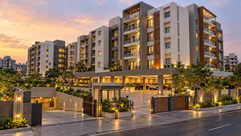 Illustrative render of a residential complex at dusk, with apartment towers above a landscaped podium, a car-parking level, a security cabin and a gated entrance
