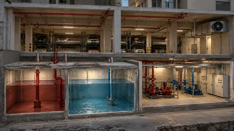 Illustrative cutaway render of the basement showing two underground water tanks, one for fire water and one for domestic water, beside a pump room with pumps and control panels, under a stack-parking level