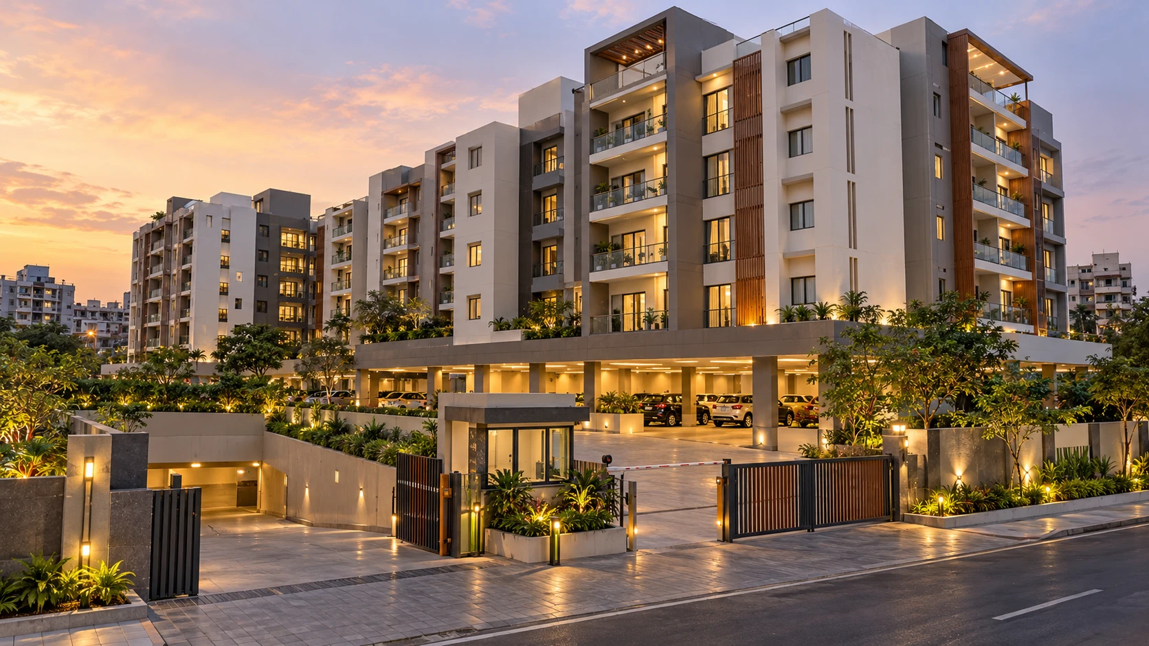 Illustrative render of a residential complex at dusk, with apartment towers above a landscaped podium, a car-parking level, a security cabin and a gated entrance