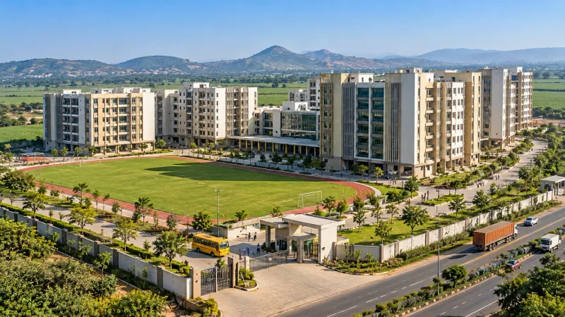 Illustrative render of a college campus of cream multi-storey buildings around a green playground with a running track, a gated entrance with a school bus, a highway with trucks alongside, and sugarcane fields and hills behind