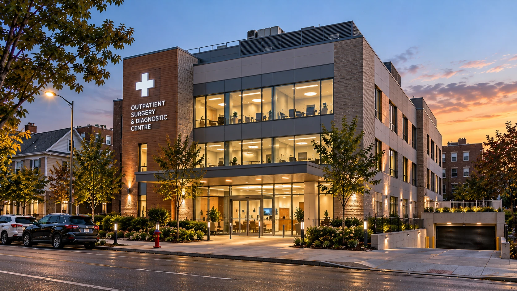 Illustrative image of a new three-storey outpatient surgery and diagnostic centre at dusk, with a below-grade parking entrance