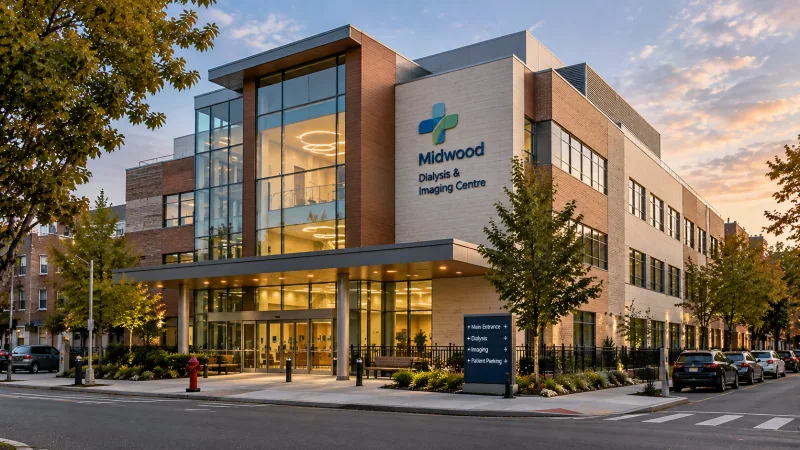 Illustrative image of a new four-storey outpatient dialysis and imaging centre at dusk