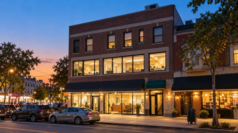 Illustrative image of a three-storey brick commercial building on a busy Astoria shopping street at dusk, with a lit second-floor medical office
