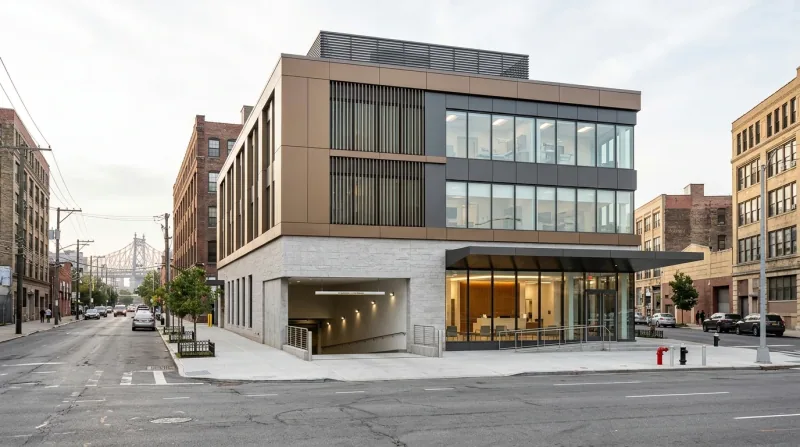 Illustrative image of a new three-storey ambulatory procedure centre with a below-grade parking ramp on a Long Island City corner