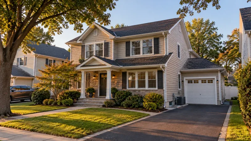Illustrative image of a two-storey suburban home on Long Island at golden hour, with a driveway, side window well and outdoor condensing units