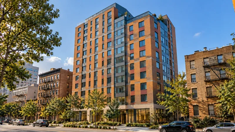 Illustrative image of a new affordable housing building on a city avenue