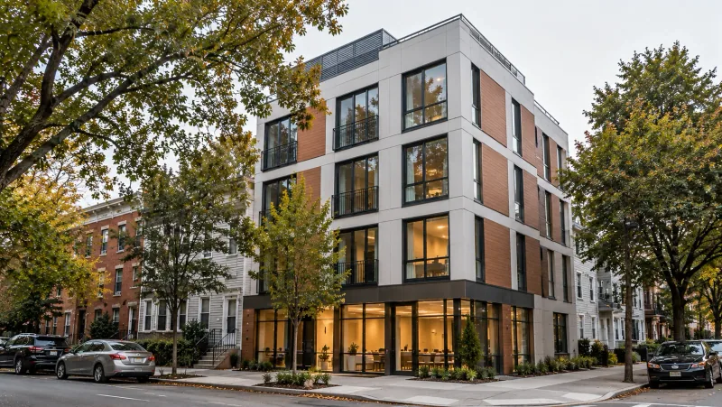 Illustrative image of a low-rise all-electric mixed-use residential building