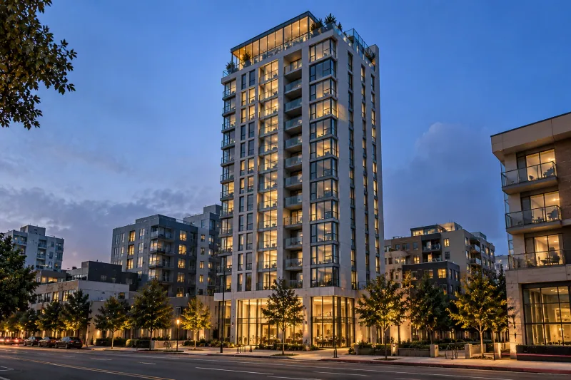Illustrative image of a high-rise rental apartment tower at dusk