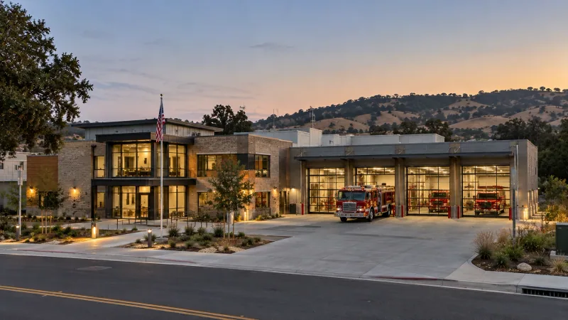 Illustrative render of a two-storey police and fire public safety building at dusk, with a glazed entrance, a flagpole, a four-bay fire apparatus building with fire engines and golden oak-dotted hills behind