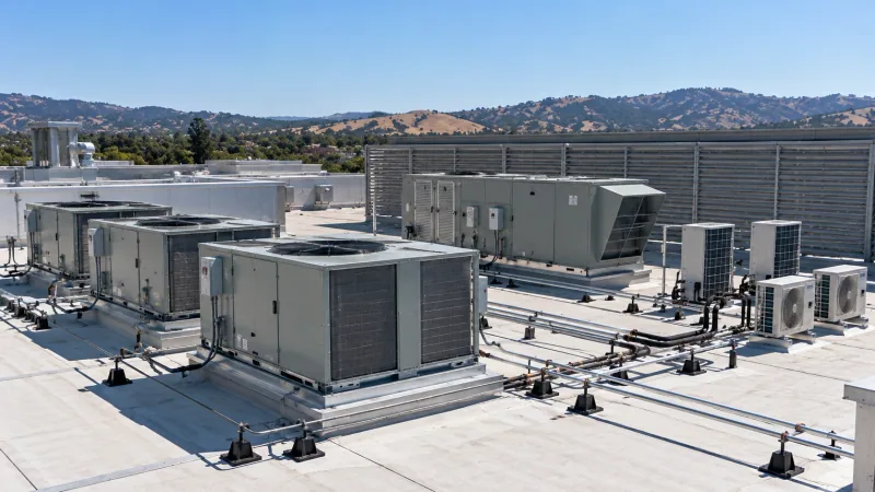 Illustrative render of the roof with packaged rooftop heat pump units on curbs, a dedicated outdoor-air unit, small split-system condensers and refrigerant pipes on supports, behind a louvred screen