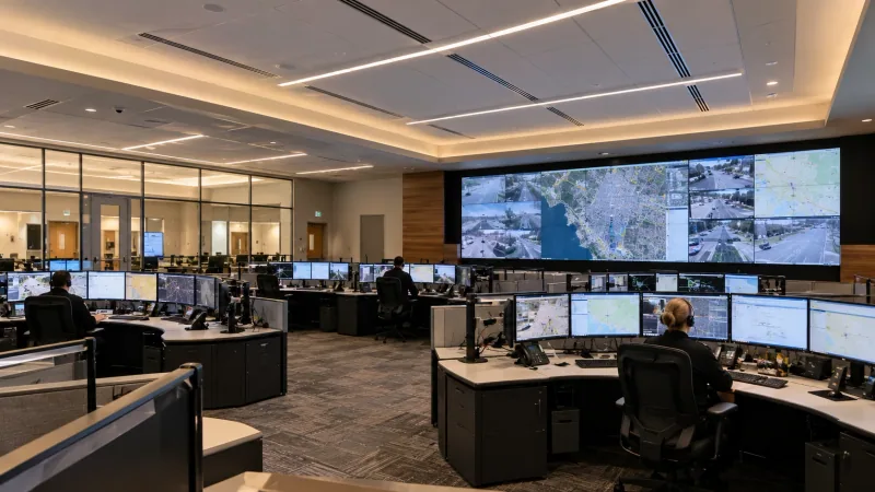 Illustrative render of a 911 dispatch room with curved consoles, multi-monitor workstations, a large video wall and linear supply diffusers in the ceiling