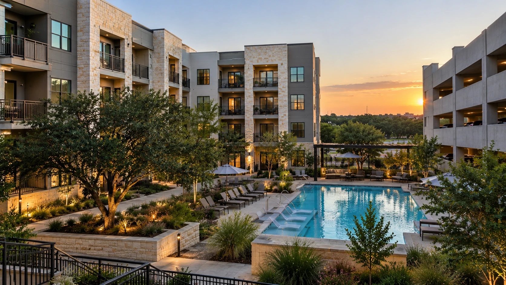 Illustrative dusk image of four-storey stone and grey apartment buildings with balconies around a courtyard pool, lit landscaping and a parking garage at one side