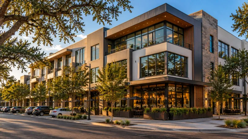 Illustrative image of a three-storey stone, metal and glass office building over a corner restaurant with a planted patio, street trees and parked cars in late-afternoon light