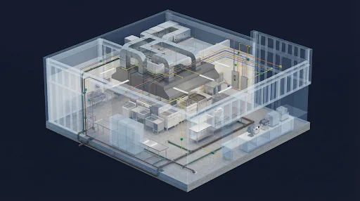 Illustrative render representing franchise mep design