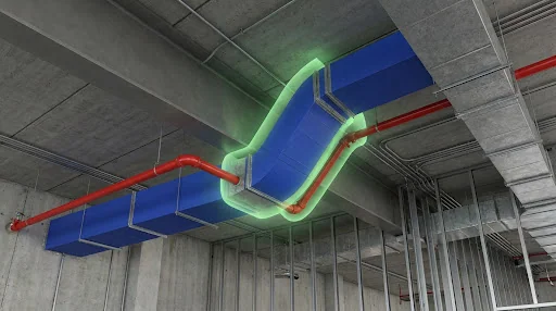 Illustrative render of the same ceiling plenum with the pipe rerouted clear of the duct
