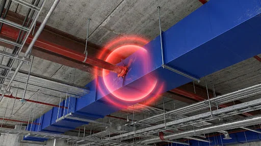 Illustrative render of a ceiling plenum with a pipe-to-duct clash highlighted